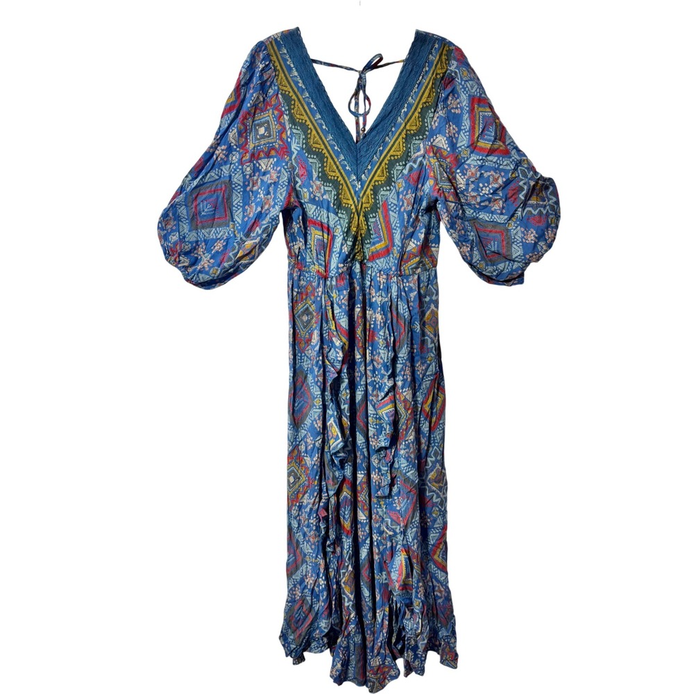 Rockin C Blue Geometric Print Boho Maxi Dress Crochet V-Neck Puff Sleeve Small